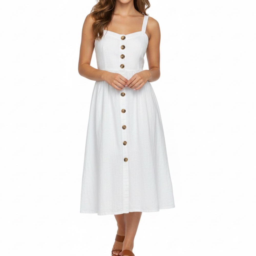 Abercrombie Coastal Linen Button Front Smocked Midi Dress White XSP